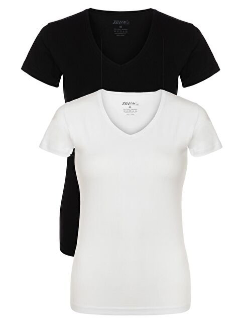 Tolin V Yaka Kısa Kollu Kadın Pamuklu Siyah Beyaz Fanila 2'li 3227B - S000074825-37424