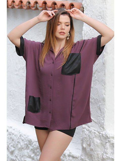 Chiccy Mürdüm Rengi Gömlek Yaka Kısa Kol Cepli Deri Garnili Dokuma Oversize Casual Gömlek - S000468814-20036