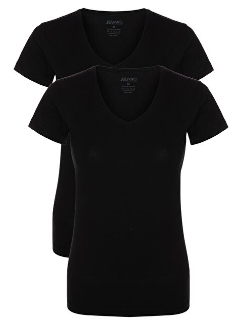 Tolin V Yaka Kısa Kolu Kadın Pamuklu Siyah Fanila 2'li 3227S - S000074827-19351