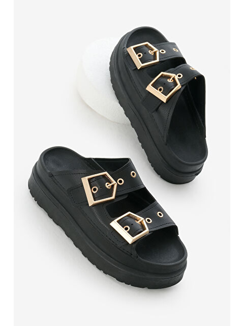 TONNY BLACK Kadın Siyah Yüksek Poli Taban Çift Bantlı Tokalı Terlik - S000493814-19351