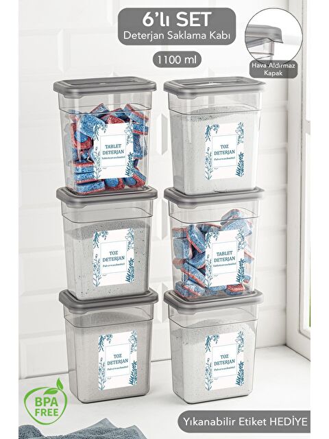 Meleni Home 6 lı Etiketli Deterjan Saklama Kabı Seti   Hava Geçirmez Kapaklı Saklama Kutusu   6 x 1100 ml - S000387397-20600