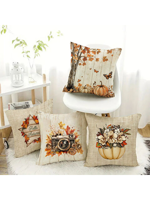 Evmila Çift Taraf Baskılı Kadife Doku Sonbahar Ve Kabak Desenli 4'lü Kırlent Seti - S000435770-23173