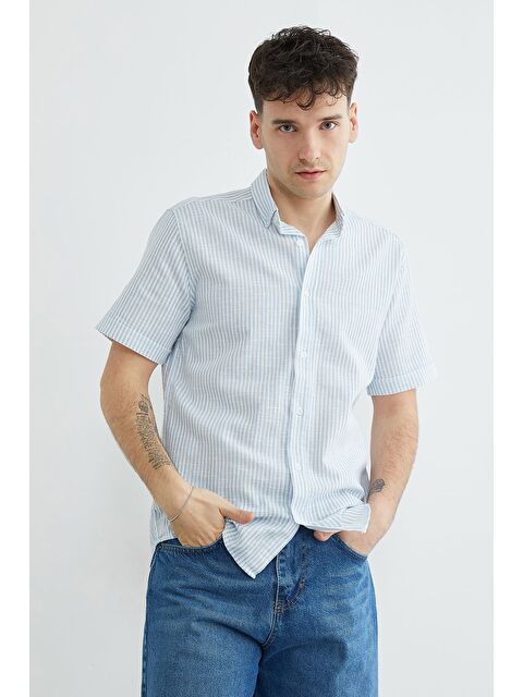 Fullamoda Çizgili Keten Görünümlü Kısa Kol Gömlek - S000522401-17234