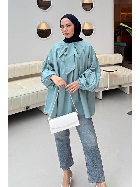 Lamelif Yaka Fular Detaylı Gömlek Mint Yeşili - S000522619-1180