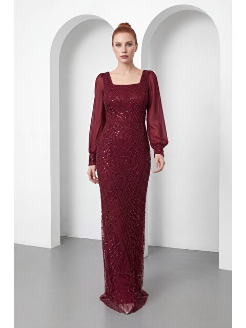 Lafaba Kadın Bordo Kare Yaka Uzun Kollu Boncuklu Abiye Elbise