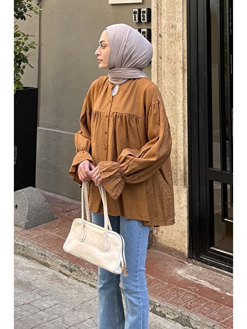 Lamelif Roba Detaylı Tesettür Gömlek Acı Kahverengi
