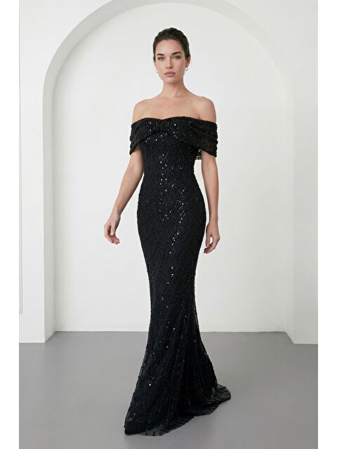 Lafaba Kadın Siyah Kayık Yaka Boncuklu Uzun Balık Abiye Elbise