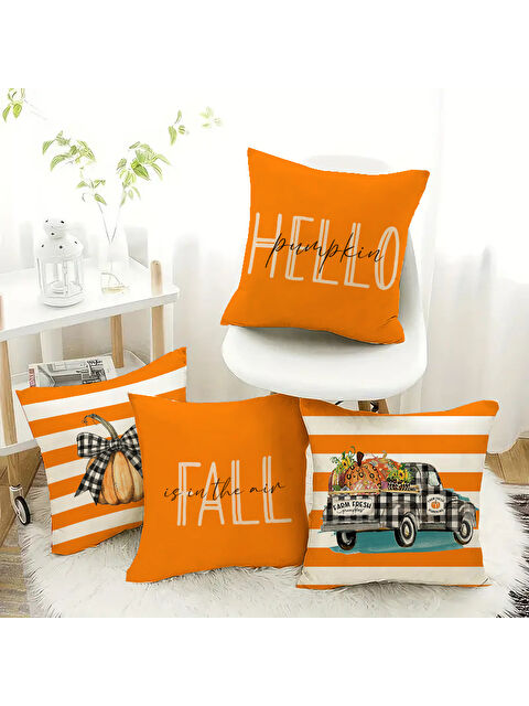 Evmila Çift Taraf Baskılı Kadife Doku Hello Fall Desenli 4'lü Kırlent Seti - S000435773-23173