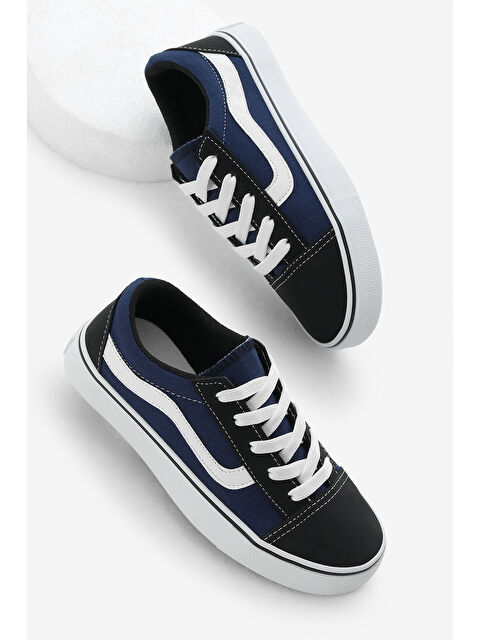 TONNY BLACK Çocuk Unisex Jean Mavi Kauçuk Taban Yanı Şeritli Keten Bağcıklı Spor Ayakkabı - S000493813-17234