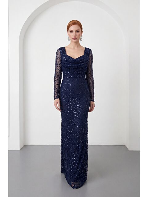 Lafaba Kadın Lacivert Uzun Kol Boncuklu Abiye Elbise