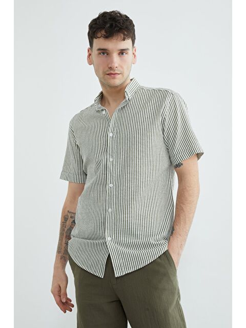 Fullamoda Çizgili Keten Görünümlü Kısa Kol Gömlek - S000522401-18547