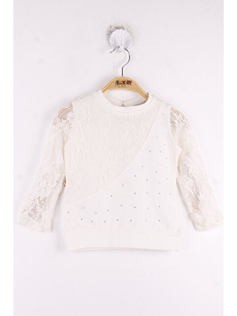 Toontoykids Kız Çocuk Kolları Dantelli Taş İşlemeli Tişört