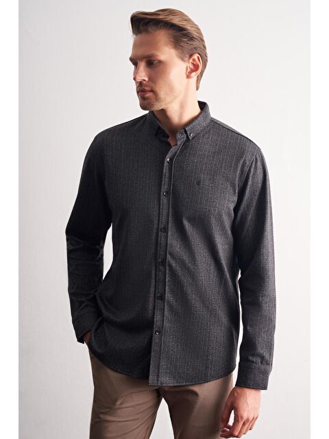 İMZA Siyah Smart Düğmeli Yaka Uzun Kol Cepsiz Slim Fit Casual Gömlek 1004255172 - S000505412-19351