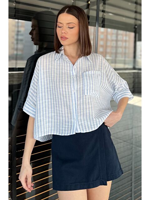 Gülseli Kadın Tek Cepli Çizgi Desenli Oversize Gömlek - S000373360-17234