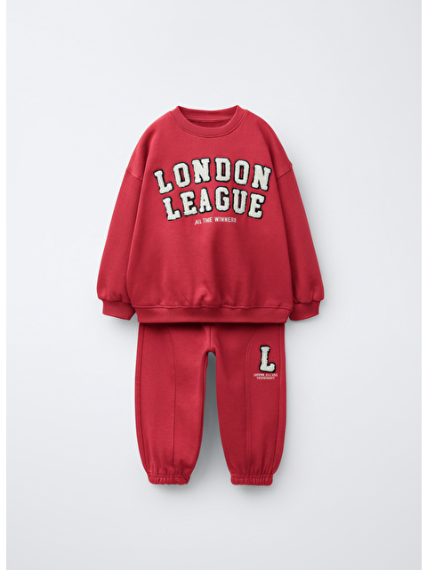 Magu Erkek Çocuk Pamuklu Kırmızı London League Sweatshirt Ve Eşofman Alt Takım - Nakış Detaylı - S000447344-20045