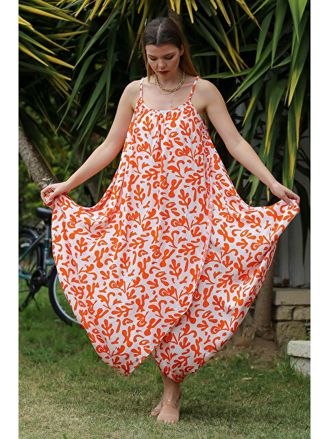 Chiccy Kayısı Rengi Askılı Büzgülü Allover Baskılı Dokuma Casual Elbise - S000358990-20013