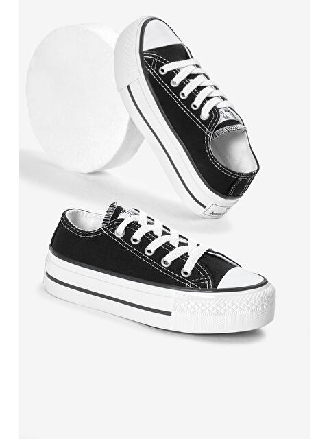 TONNY BLACK Çocuk Unisex Siyah Termo Kalın Taban Bağcıklı Keten Spor Ayakkabı - S000493805-19351