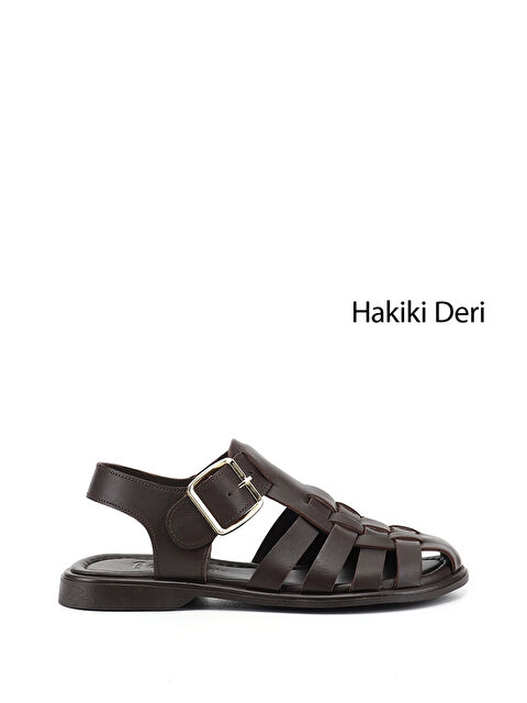 GÖNDERİ(R) Kadın TÜTÜN KAHVE Tokalı Bantlı Burnu Kapalı Hakiki Deri Sandalet