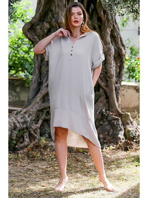 Chiccy Organik Pamuk Vizon Gömlek Yaka Düğmeli 3/4 Kol Düğmeli Cepli Dokuma Casual Müslin Elbise - S000468821-26429
