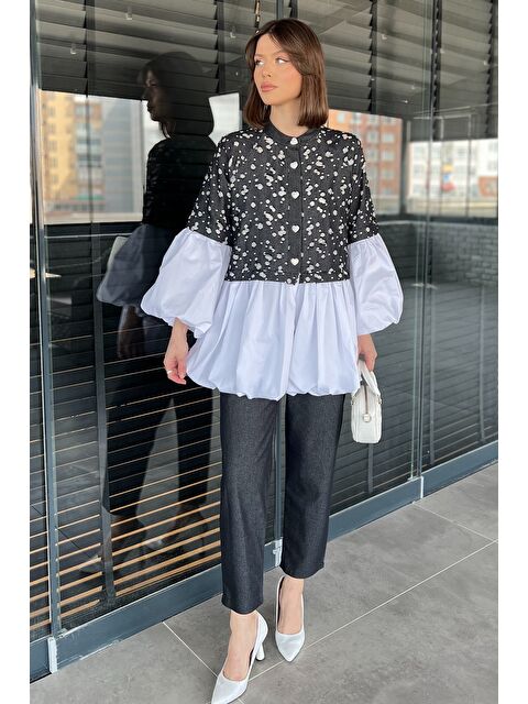 Gülseli Balon Kol Garnili Taşlanmış Tunik Pantolon Jeans İkili Takım - S000373321-19351