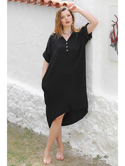 Chiccy Organik Pamuk Siyah Gömlek Yaka Düğmeli 3/4 Kol Düğmeli Cepli Dokuma Casual Müslin Elbise - S000468821-19351