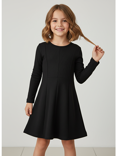 Magu Kız Çocuk Pamuklu Siyah Uzun Kollu Elbise - Ve Rahat Tasarım - S000448477-19351
