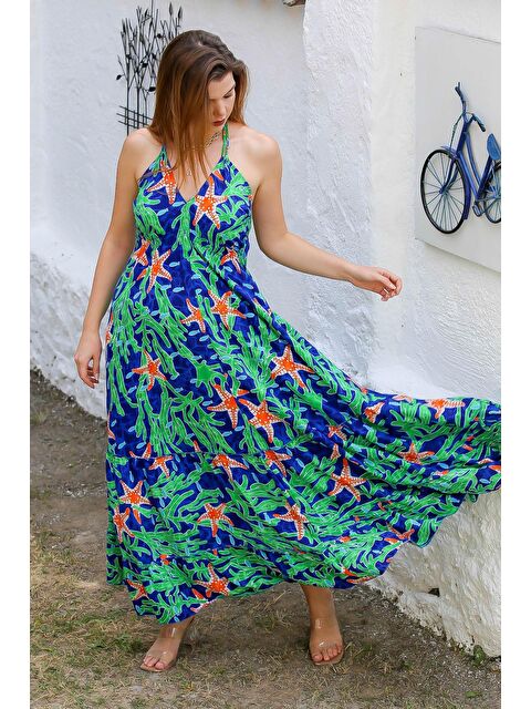 Chiccy İlkbahar Yeşili Boyundan Bağlamalı Allover Baskılı Dokuma Casual Elbise - S000360045-18194