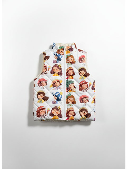 Magu Kız Çocuk Pamuklu Beyaz Kız Figürlü Kapitone Welsoft Yelek - Fermuarlı Rahat Tasarım - S000449013-23173