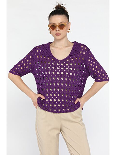 Gülseli Kadın Polo Yaka Ajurlu Mevsimlik Triko Bluz - S000368422-20042