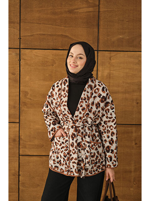 Locco Moda Kadın Yaprak Desen Şal Yaka Biyeli Ceket Ekru - S000492456-19965