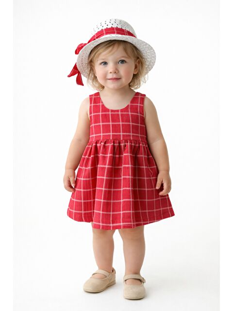 Chicsy Baby Tatlı Kız Bebek Ekose Tarz Elbise Şapkalı Fiyonk Detaylı Yazlık 2’li Kombin