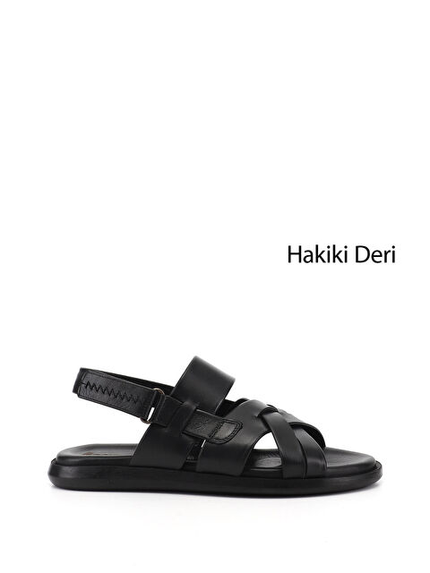 GÖNDERİ(R) Erkek SİYAH Ayarlanabilir Cırt Bantlı Hakiki Deri Sandalet