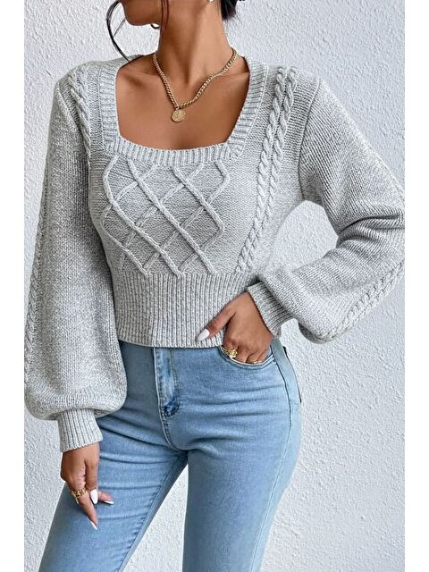 Gülseli Kare Yaka Örgü Desenli Kadın Triko Kazak - S000469819-20600