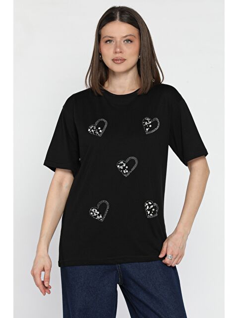 Gülseli Kalpli Taş Detaylı Kadın Tişört - S000379924-19351