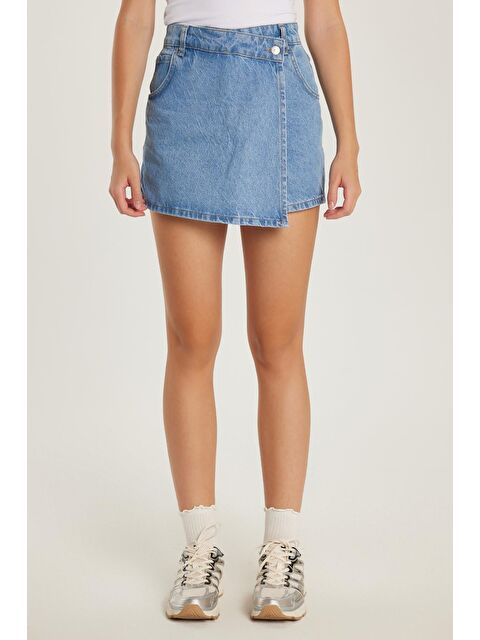 TUDORS Kadın Slim Fit Dar Kesim Çift Cepli Açık Mavi Şort Etek - S000522628-17437