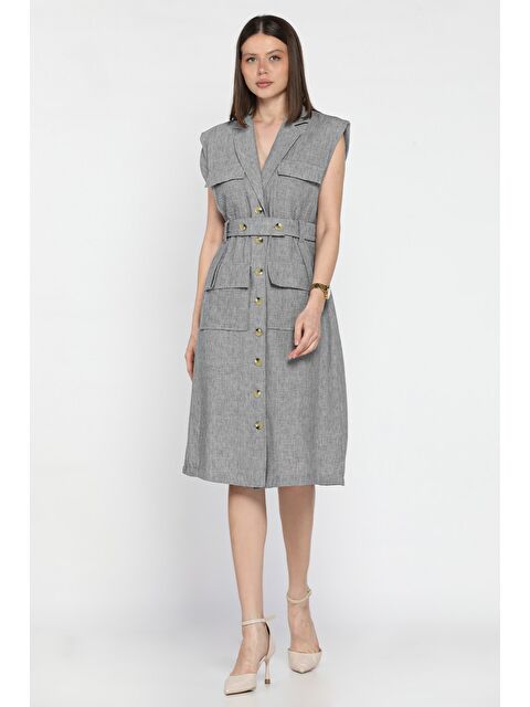 Gülseli Kadın Kruvaze Yaka Kuşak Detaylı Boydan Düğmeli Elbise - S000386541-20600