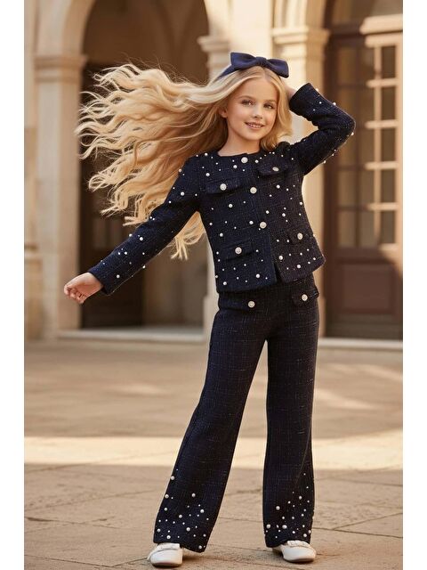 Riccotarz Kız Çocuk Üzeri İnci İşlemeli Cep Detaylı Ceket, Paçaları İnci Detaylı Triko Lacivert Alt Üst Takım - S000513750-21164