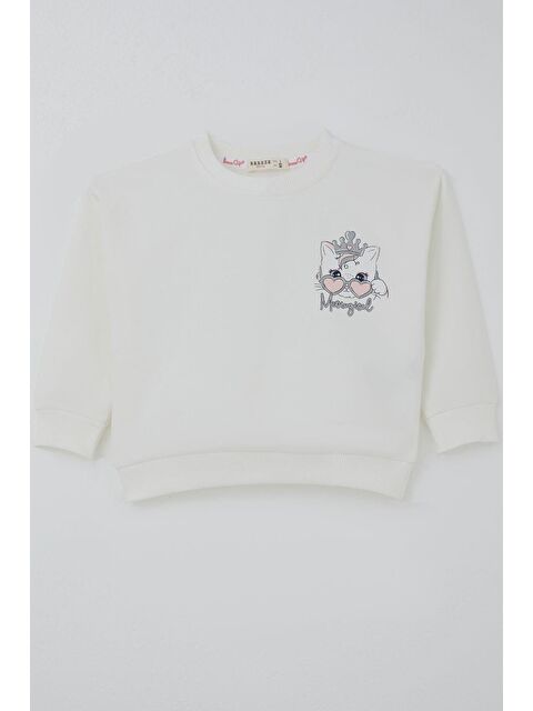 Breeze Kız Çocuk Sweatshirt Minik Taçlı Kedi Prenses Baskılı Sırt Baskı Detaylı Ekru (1.5-5 Yaş) - S000527078-19965