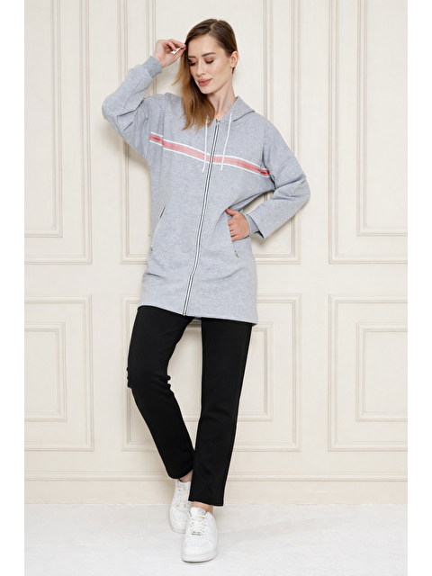 TRENDHILL Kadın Pamuklu Tam Fermuarlı Kapüşonlu Uzun Tunik Eşofman Takımı Gri 5556-G - S000520428-20600
