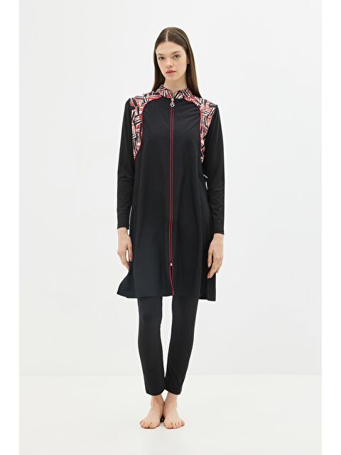 C&City Fermuarlu 4’Lü Tesettür Mayo 6041 Kırmızı/Siyah