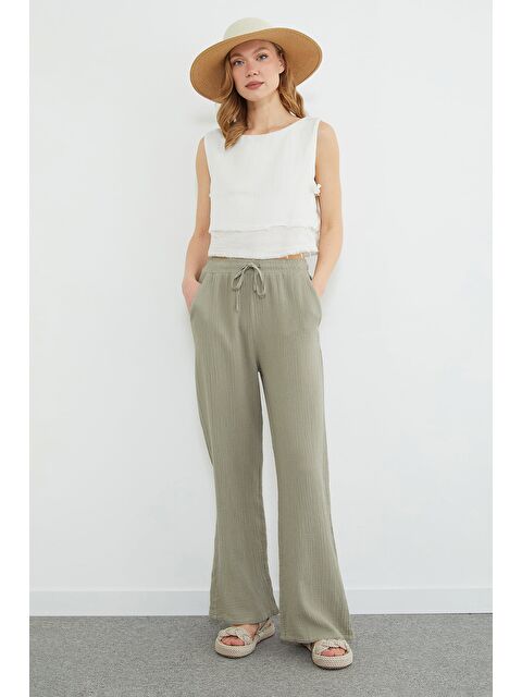Fullamoda Beli Bağcıklı Cepli Müslin Kumaş Pantolon