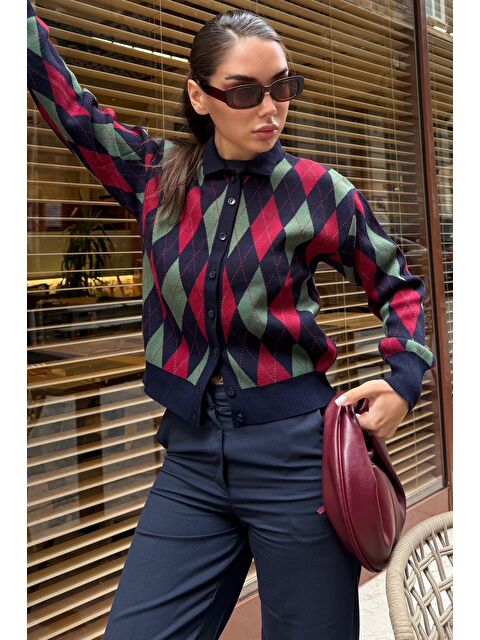 Madmext Lacivert Baklava Desenli Polo Yaka Kadın Hırka Mg2478 - S000466077-21164