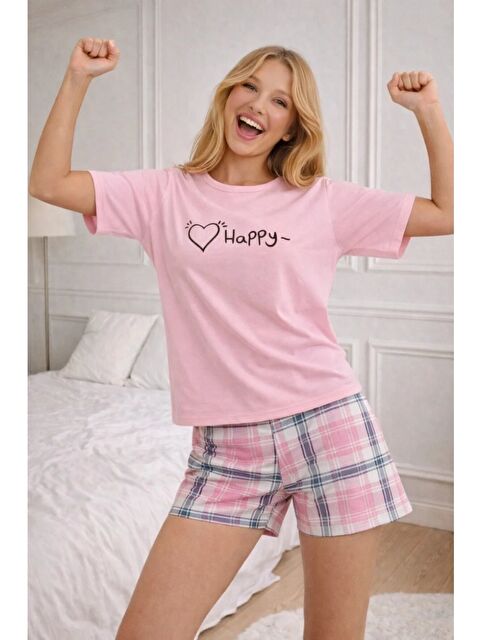 carla10 Happy Baskılı Kısa Kollu Şortlu Kadın Pijama Takımı – Pembe - S000522639-20024
