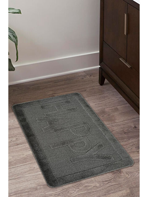Konfor Halı Doğal Kaymaz Taban Banyo Paspas Uzun Ömürlü Yumuşak Su Emici Yazılı Paspas Happy-Antrasit - S000342609-29666