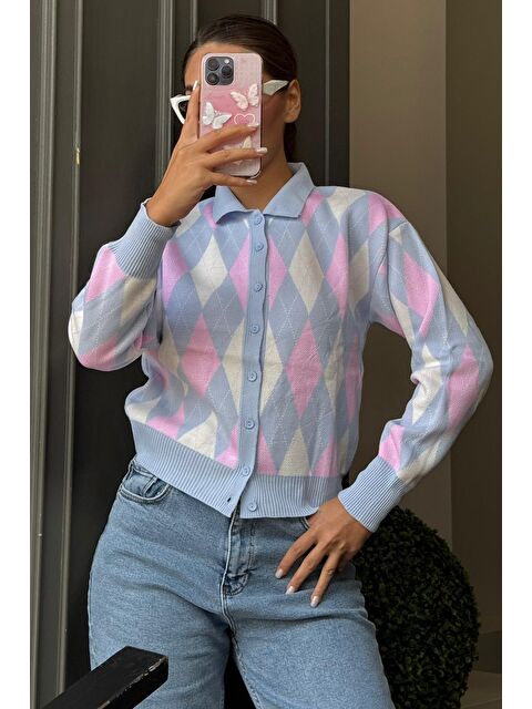 Madmext Mavi Baklava Desenli Polo Yaka Kadın Hırka Mg2478 - S000466077-17234