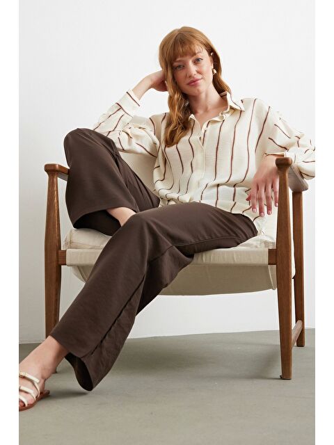 Never More Çizgili Modal Gömlek Kahve - S000391862-23173