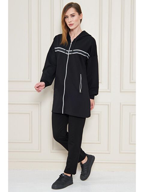 TRENDHILL Kadın Pamuklu Tam Fermuarlı Kapüşonlu Uzun Tunik Eşofman Takımı Siyah 5556-S - S000520428-19351