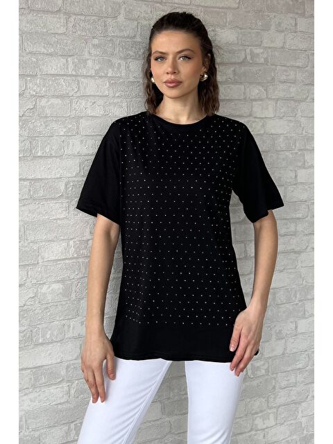 Gülseli Bisiklet Yaka Ön Taşlı Kadın Tişört - S000379922-19351