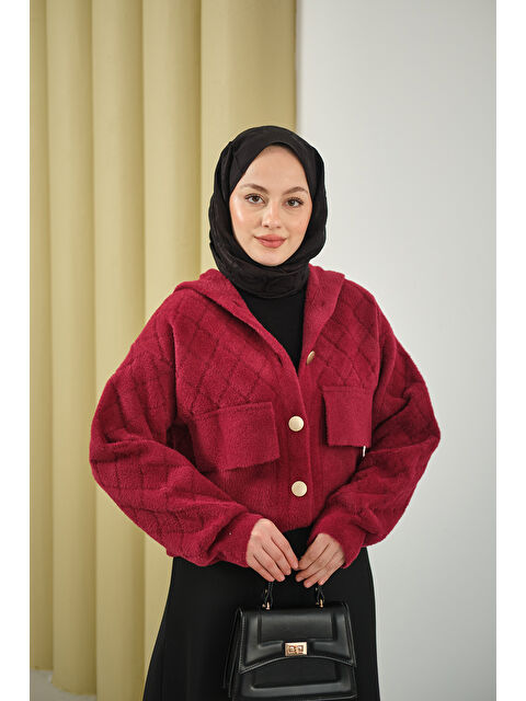 Locco Moda Kadın Kendinden Desenli Kapüşonlu Hırka Bordo - S000492519-19951
