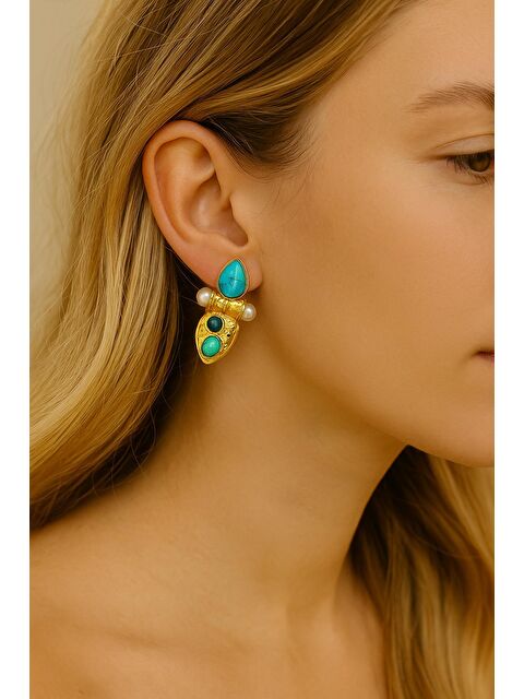 New Obsessions Turkuaz Taşlı Gold Etnik Görünüm Küpe - S000394177-20076